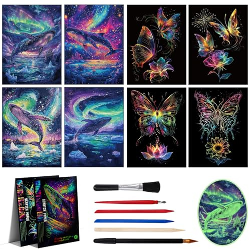 NICKLIN Scratch Tableau pour Adultes, 8 Pièces Carte a Gratter | Lumineux avec Outils de Grattage, Fournitures Créatives pour Décorer Votre Chambre, Salon, Bureau ou Salle D'étude