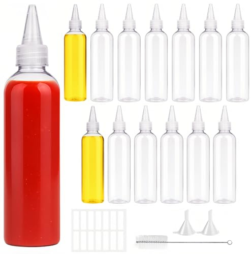 Nadisean 14 Stück Quetschflasch 120ml, 4oz Squeeze Flasche Kunststoff, Saucenflasche mit Deckel, Soßenflaschen, Squeeze Bottle mit Trichter, Etiketten, Dosierflasche für öl, Sauce, Flüssigkeiten