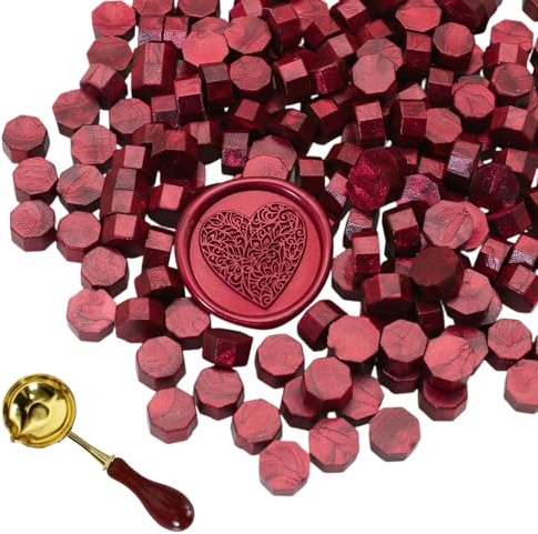 300 Perles de Cire à Cacheter Octogonales avec Cuillère de Fusion - Lot de Sceaux de Cire pour Tampon, Lettres, Invitations, Cartes, Enveloppes, Emballage Cadeau, Mariage, Loisirs Créatifs (Rouge)