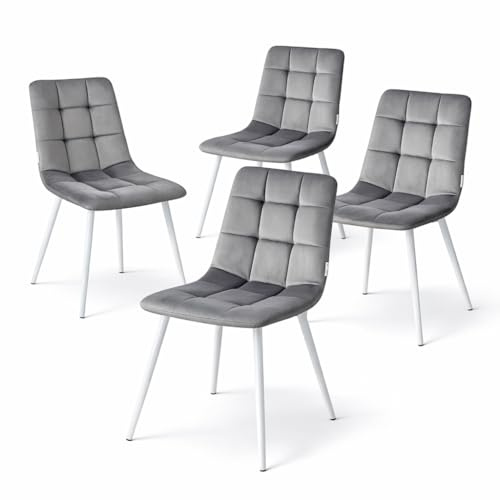 Minimal DECO Pack 4 Sillas de Comedor Tapizadas en Terciopelo con Patas Blancas, Diseño Moderno Acolchado, Respaldo Ergonómico, Sillas Cocina Salón, Estructura Metálica Estable, 55x45x90 cm (Gris)