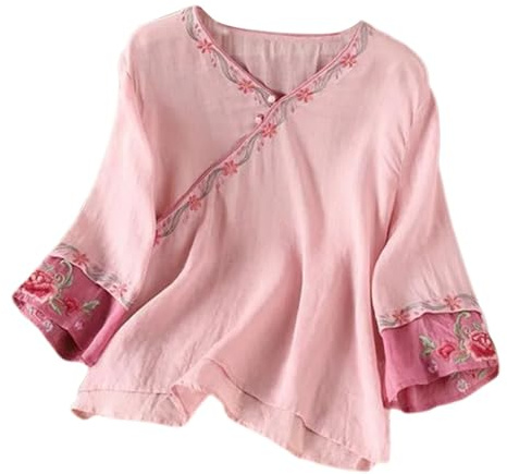 Blusas vintage de lino bohemio para mujer, estilo bohemio, bordado, floral, para primavera, hippie, con volantes frontales, túnica para personas mayores, manga corta, ajuste holgado, encaje, estilo