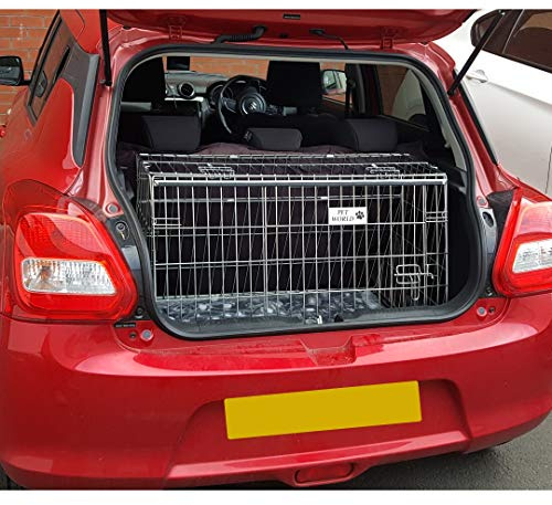 Pet World Medium 34 Sloped Car Dog Crate – Compatible with Suzuki Swift 2018 – UK Designed, Steel Travel Cage – Emergency Escape Hatch – Folds Flat – Free Comfort Mat – Easy Assembly