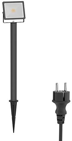 ledscom.de LED-trädgårdsstrålkastare FLIN med markspik, 40 cm bas och kontakt för utomhusbruk, svart, strålkastare, IP66 vattentät, 837lm varmvit