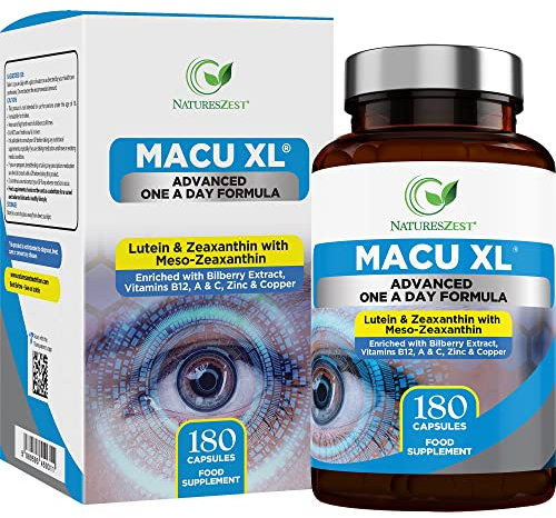 Macu XL - Lutein and Zeaxanthin Supplement - 6 Month Supply with Meso Zeaxanthin, Bilberry Extract, Vitamins A, B12 & Zinc, 180 Vegan Capsules - Eye Supplement for Vision Health – Eye Vitamins