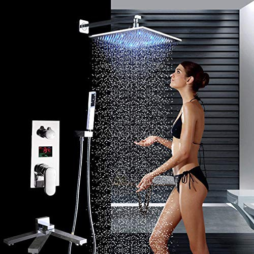 LED 8 inch Rainfall Shower Faucet Chrome Digital Temperature Screen Bath Shower Mixer with Hand Shower Swivel Folding Spout