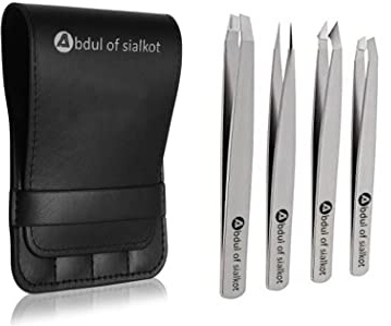 Abdul of Sialkot Eyebrow Tweezer Set for Women & Men,Professional Slant and Pointed Tweezers Set with Case,Precision Tweezers Kit for Facial Hair, Splinter and Ingrown Hair Removal ((Sliver 4 piece))