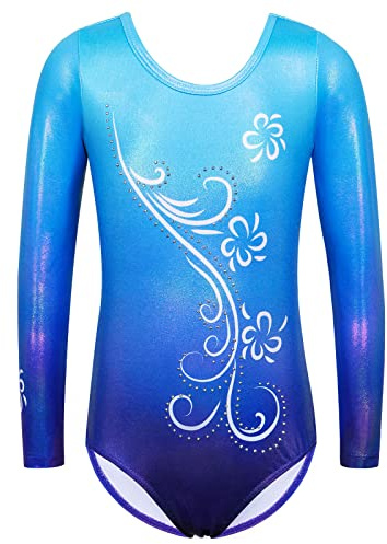 ZNYUNE B269 - Bañador de gimnasia para niña, manga larga, sin mangas, colorido, brillante, traje de baile deportivo para niños de 3 a 12 años, flor azul 8A