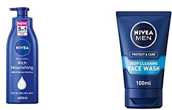 NIVEA Rich Nourishing Body Lotion (400ml), 48hr Replenishing Body Lotion, Intensive Moisturising Cream with Almond Oil, Creamy Hydrating Formula & MEN Deep Cleaning Face Wash Protect & Care (100 ml)