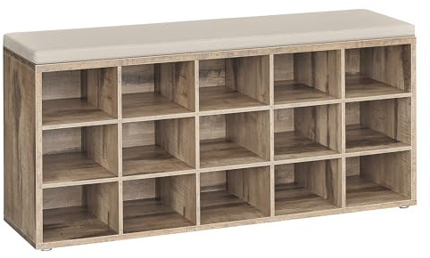 VASAGLE Banc à Chaussures, Organiseur de Chaussures avec 15 Compartiments, Siège Rembourré, pour Entrée, Couloir, Placard, Marron Camel et Beige Cappuccino LHS015K03