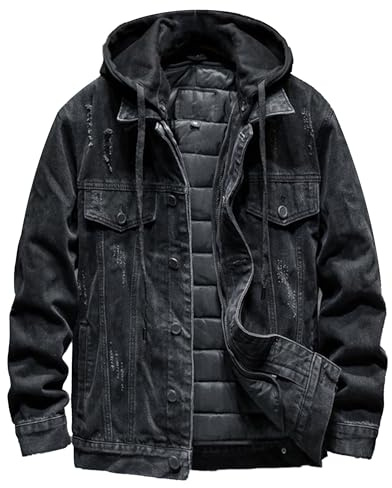 Hoodie Jean Jacket for Men Long Sleeve Slim Fit Casual Denim Jacket Distressed Trucker Outwear with Hood