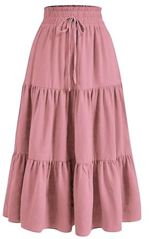 duxyoz Maxi Skirts for Women Summer Boho Tiered Long Flowy Skirt Bohemian Boho Drawstring High Waisted Swing A-Line Skirt Casual Party Holiday Ruffle Gypsy Vintage Pleated Skirts Full Length