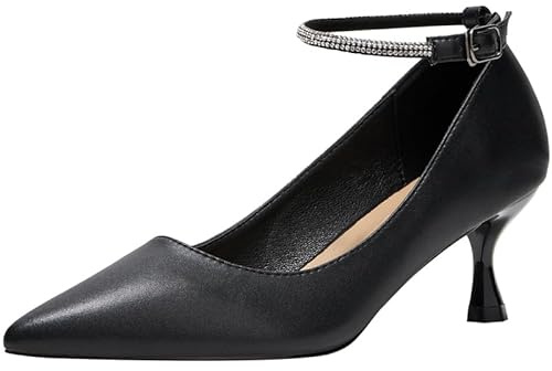 Leather(Heel: 5cm),43 EU,Tacchi Neri Donna Punta Affusolata Scarpe con Cavigliera Fibbia Strass Tacco Sottile Elegante Matrimonio Festa Serata