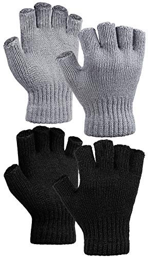 Cooraby 2 Paar verdickte Kaschmir-warme Halbfingerhandschuhe Winter gestrickte fingerlose Handschuhe für Damen und Herren, Schwarz, Grau, M