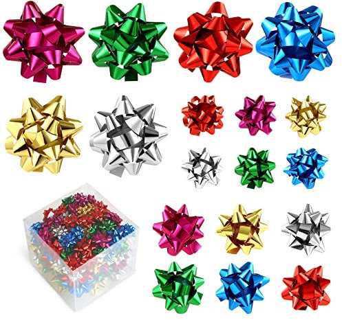 LIHAO 100 Stück Geschenk Schleifen Dekoschleifen Selbstklebend Bunt Geschenkschleifen Set Fertige Schleifen Metallische Geschenkbänder für Weihnachten Geschenkverpackung Deko (Mehrere Größen)