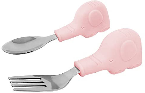 Tiny Twinkle - Posate d'apprendimento per bambini con manico ergonomico animaletto in acciaio inossidabile e silicone alimentare, cucchiaio e forchetta