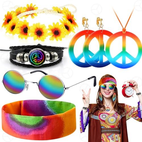 Weploda 7 Pièces Ensemble de Costume Hippie, Ensemble Costume Hippie Signe Collier, Ensemble de Costume Hippie Rétro Accessoires, Hippie Accessory Set, Pour Soirée à Thème la Mode des Années 70 et 80