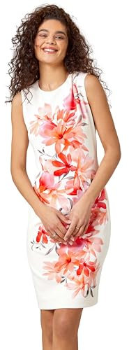 Roman Originals Scuba Dress for Women UK - Ladies Shift Swing Linear Floral Print Spring Everyday Summer Evening Vacation Work Holiday Short Sleeve Smart Casual Luxe Stretch - Orange Pink - Size 18