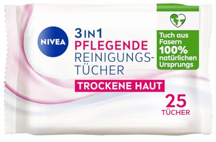 NIVEA 3in1 Pflegende Reinigungstücher Trockene Haut (25 Stück), milde Gesichtsreinigungstücher mit natürlichem Mandelöl, Abschminktücher für Make-Up & wasserfeste Mascara