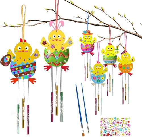 Aurasky Osterküken Windspiel Bastelset 6 tlg, Ostern Basteln Kinder, Küken Holz zum Bemalen, Osterdeko zum Aufhängen, Bastelhandwerk Klangspiel für Osterdeko Frühling Jungen Mädchen