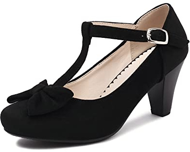 elerhythm Mary Jane Vintage T-Strap Tacchi con fiocco Gatsby anni '50 Pumps Closed Toe anni '20 Victorian Sweet Ankle Eleganti e comode scarpe da Dressy, Nero , 39 EU