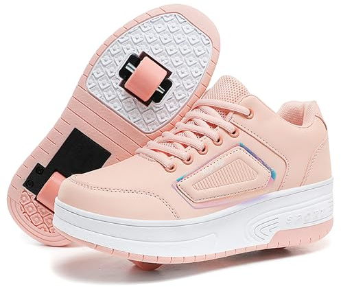 Skridsko rullskridskor för pojkar och flickor, träningsskor med infällbara hjul – snygga för barn, rullsneakers – perfekta för fest, födelsedag, jul, Rosa, 38 EU