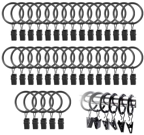 Vorhang Clips, 40 Stück Vorhangringe, Metall Vorhangringe Gardinenringe mit Clips Vorhang Hängend Ringe für Fenster Tür Duschvorhänge Gardinenringe(Schwarz)