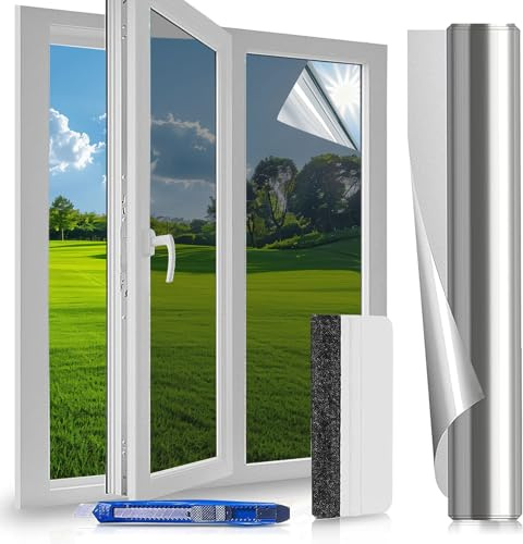 Fönsterfilm Anti-synlighet 44,5x200 cm – Värmeskydd & UV-skydd, Spegeltrådfönsterfilm med monteringskit, Privatskydd & Solskydd, För Hem Kontor Butik, Silver