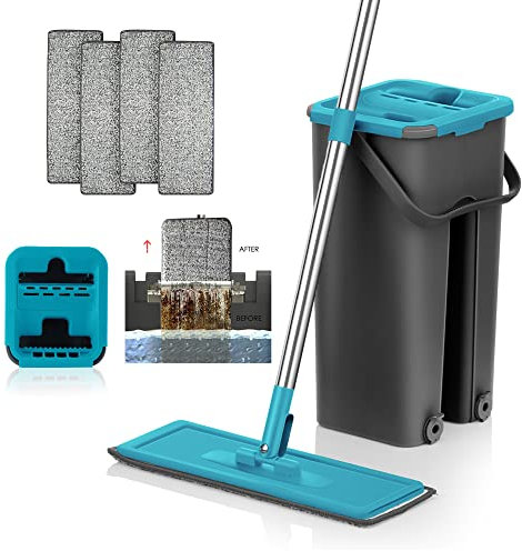 Mopa para Limpiar Azulejos Paredes Suelos Mopa Fregona con Cubo Escurridor Fregona Plana Cubo con 6 Almohadillas Autoescurrible Parquet Madera Ventanas Mop Bucket Trapeadora Gamuza