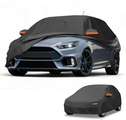 Partuto Funda de Coche Impermeable para Todo Clima Protección Solar y contra la Lluvia Exterior Completa para Ford Focus Hatchback Película de Aluminio Negra con Franjas Reflectantes