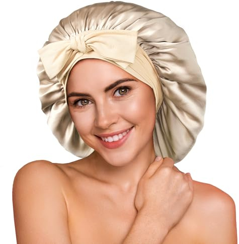 Umisleep 100% 22 Momme Mûrier Bonnet Soie Cheveux Nuit pour Dormir, Or pâle