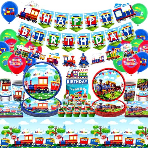 Train Party Decorations , Includes Happy Birthday Banner, Plates, Cupcake Toppers, Napkins, Cups, Tablecloths, for Train Party Vehicle Party Supplies (Banner)