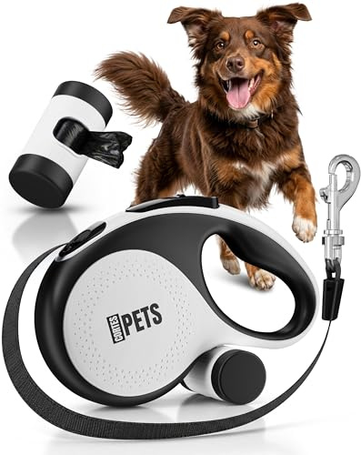 CORTES PETS rullkoppel hundkoppel 8m för stora och små hundar upp till 50 kg – utdragbart hundkoppel 8 m med bajspåse – infällbart – flexi belt – utdragbart koppel (vit, M | 5m | 30kg)