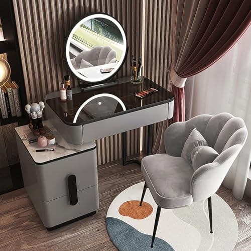 LGYWPA Sminkbord för sovrum med stol, sminkbord med upplyst spegel och lampor, 3-färgs LED-lampor, sminkbord med 3-4 stora lådor, glasskiva litet toalettbord,Gray,80cm