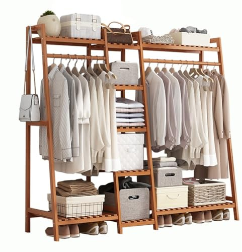 Beysroud Perchero Burro de Bambú, Perchero de Pie Armario Abierto Madera con 2 Raíles para Ropa, para Dormitorio, Sala de Estar Oficina, Fácil Ensamblar, 160x40x140cm
