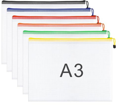 WISYOK A3 Plastic Wallets Zip, 6pcs, 41x31cm, 6 Colours | Zip Lock Bags Mesh, Plastic Folders, Document Wallets, Zipper File Bags for Office, School, Travel, Home