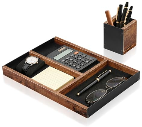 TEESSFROOD Wooden Desk Tray with Integrated Pen Holder, Luxury Office Organizer for Executive Desk, Minimalist Wood & Metal Stationery Storage Set, Premium Gift for Men & Home Office Decor