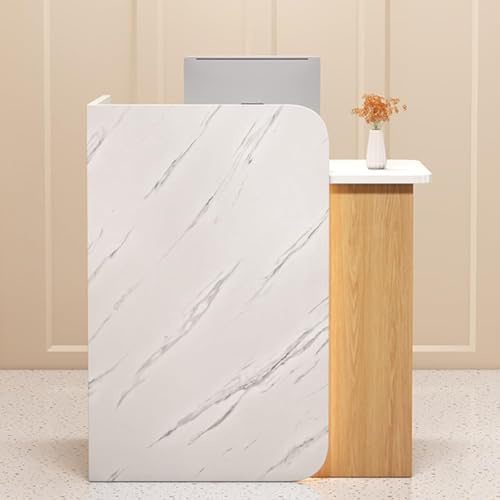 Moderno tavolo da ricevimento illuminato a LED con cassetto chiudibile a chiave, elegante bancone in legno per saloni di bellezza, spa, cassiere e ufficio, perfetto per ambienti aziendali