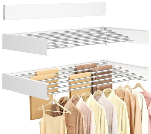SONGMICS Étendoir à Linge Mural Rabattable, Longueur 100 cm, 6 Barres en Alliage d'Aluminium, Séchoir Pliable, Gabarit de Perçage, Gain de Place, Intérieur, Extérieur, Buanderie, Blanc Mat LLR810WE01
