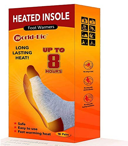 WORLD-BIO Disposable Insole Foot Warmers - Long Lasting Safe Natural Odorless Air Activated Warmers - Provide 8 Plus Hour Heating - 16 Pairs Value Pack