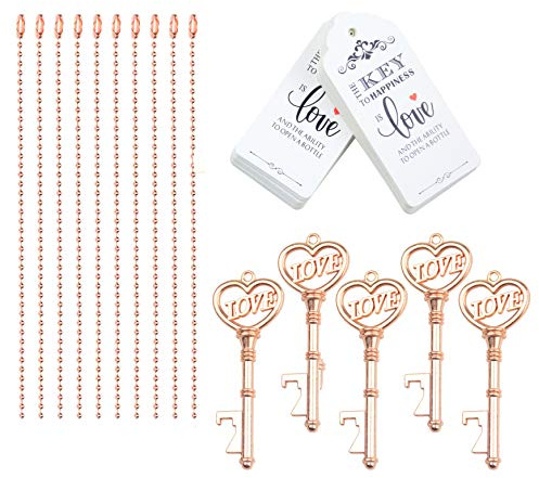 Aokbean 52pcs Love Heart Vintage Skeleton Key Bottle Opener Party Favor Wedding Favor Guest Souvenir Gift Set with Escort Thank You Tag Card and Keychain (Rose Gold)