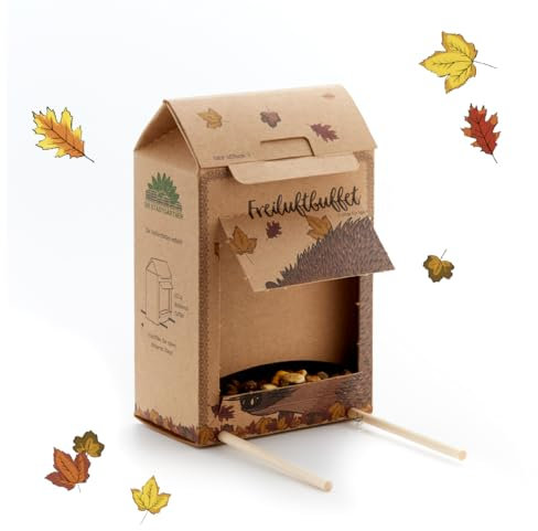 Die Stadtgärtner Freiluftbuffet für Igel I Futterstelle für Igel I Wetterfeste Futterstation aus Naturkarton mit Holzstäben für einen sicheren Stand & 200g hochwertigem Igel-Futter
