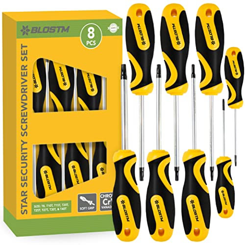 BLOSTM 8 Piece Star Screwdriver Set - Tamperproof TX Security Screwdriver Set, Chrome Vanadium Steel with Soft Grip Handles (T8, T10T, T15T, T20T, T25T, T27T, T30T & T40T) for DIY, Repairs - 8 PCS