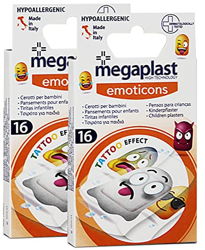 JUANIO Lot de 2 Paquet de 16 pansements imprimés Emoji pour Enfants, pansements Effet Tatouage pour Enfants - Tailles : 6 cm x 2 cm (10 unités) / 7 cm x 3,8 cm(6 unités)