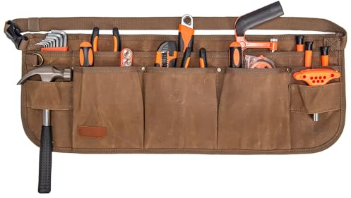 Tool Waist Apron, Heavy Duty Waxed Canvas Tool Belt, Waist Tool Belt with 10 Pockets and 2 Hammer Loops, Adjustable Length