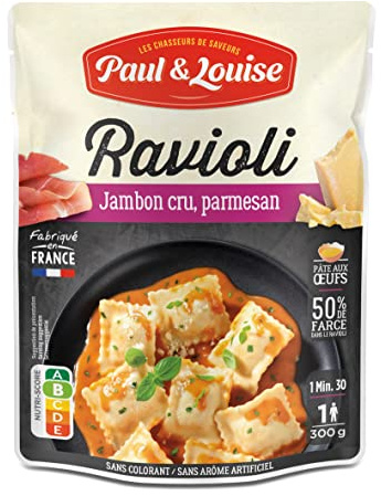 Paul & Louise Ravioli Jambon Cru, Parmesan 300g - Sachet micro-ondable - Prêt en 1 minute 30 - Pâte aux œufs - 100% viande origine France - Sans colorant - Sans arôme artificiel - Nutriscore B