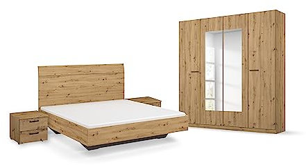 Rauch Möbel Florenz Schlafzimmer, Eiche Artisan, Holz, bestehend aus Bett mit Liegefläche 160x200 cm inklusive 2 Nachttische und Drehtürenschrank mit Spiegel BxHxT 181x210x54 cm