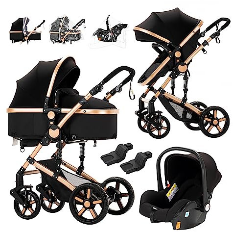 Prokoke Kinderwagen 3 in 1, Kinderwagen Set Einem Klick Faltbar, Kombikinderwagen 3 in 1 mit Umkehrbarem Zwei-Wege-Schub, Buggy Rahmen Aluminiumlegierung Baby Kleinkind Neugeborene (black gold 588)
