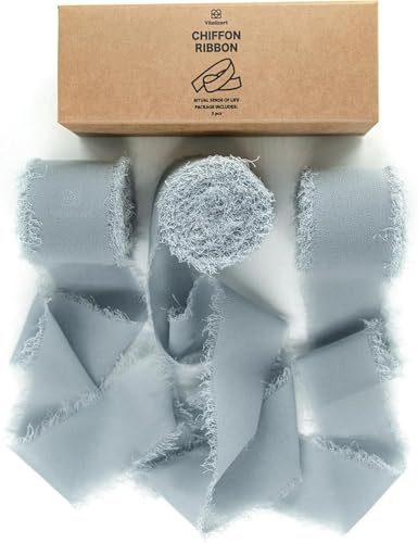 Vitalizart Chiffon Greyish Blue Gift Ribbon 3 Rolls 1.5'' x 7 Yd | 21 Yd Handmade Frayed Fringe Ribbons for Wedding Invitations, Bridal Bouquets, Gift Wrapping, Decoration, DIY Crafts