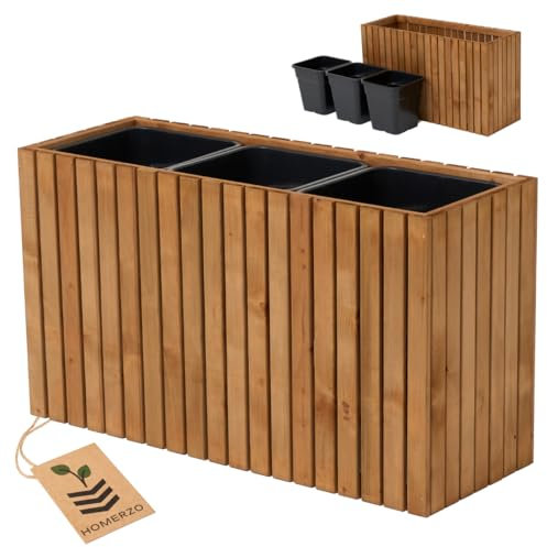 HOMERZO Jardinière en bois imprégné résistant aux intempéries avec insert en plastique amovible - Jardinière surélevée pour balcon, jardin, terrasse (marron vertical, 98 x 36 cm, hauteur 55 cm)