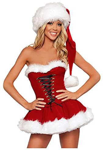 Weihnachtskleid Damen, Weihnachtsmann Kostüm Frau Halbarm V Ausschnitt Miss Santa Kostüm Mit Kapuze Gürtel Weihnachtsfrau Kostüm Damen Elegant Weihnachtskostüm Santa Claus Lady Weihnachtskleider